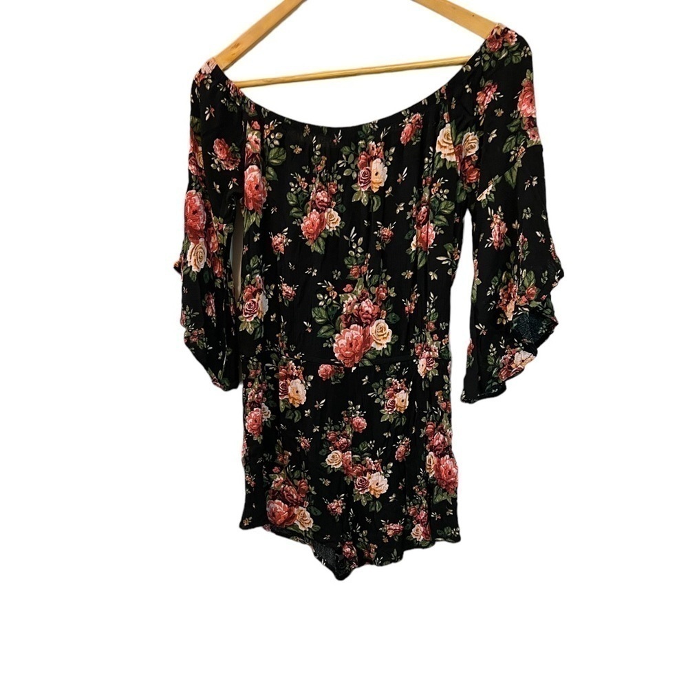 Black Floral Print Off the Shoulder Drawstring Waist Short Romper M - Picture 2 of 10